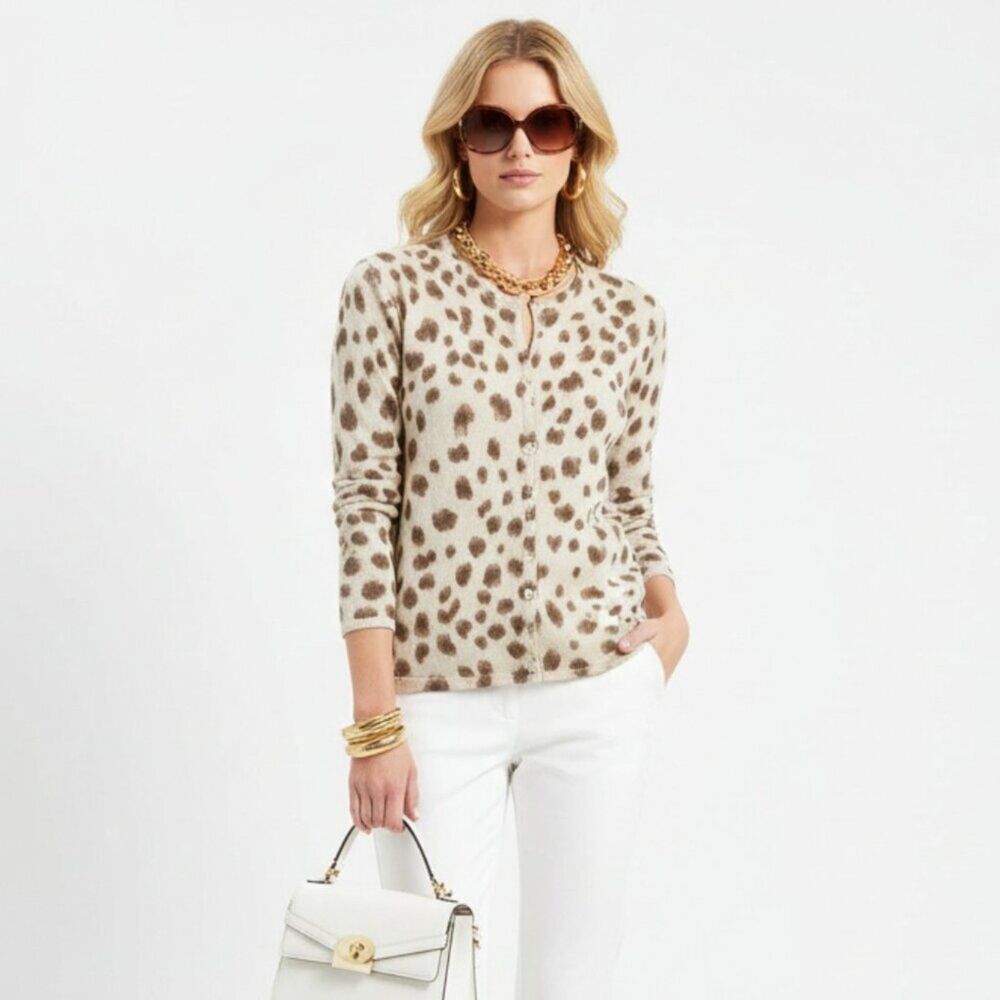 Donna Toran Tan & Black Animal Print Silk Blend Button Up Cardigan Sweater M
